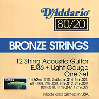  Struny D'Addario J36 
 12 String Acoustic Guitar Light Gauge 
 80/20 Bronze Round Wound 